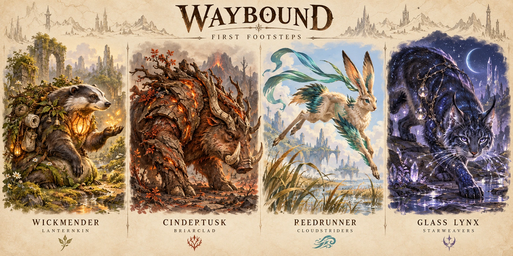 Original First Footsteps illustration of Wickmender, Cindertusk, Reedrunner and Glass Lynx under the Waybound wordmark