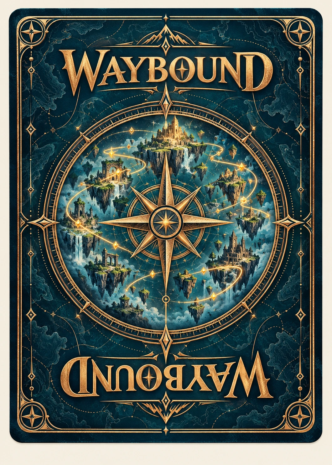 Early Living Atlas card-back concept with gold compass, floating islands and Waybound lettering