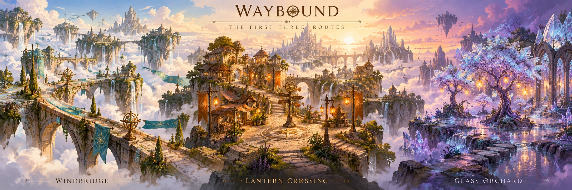 Original Waybound panorama: Windbridge, Lantern Crossing and Glass Orchard linked across floating islands