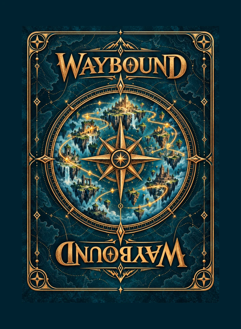 Original shared Waybound card back prepared for the physical prototype